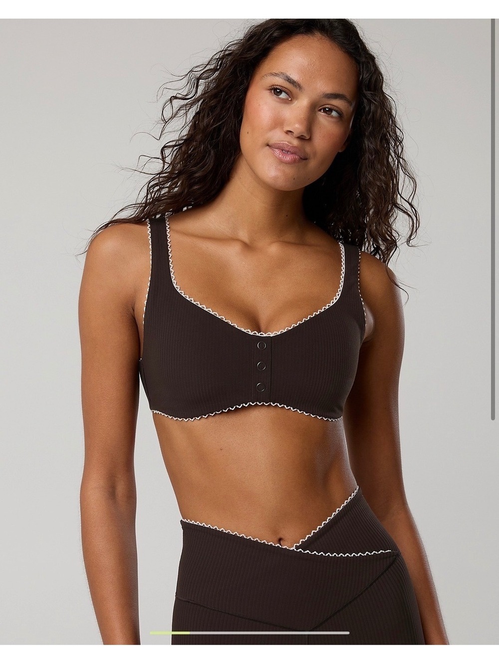 Aerie American eagle Brown Ribbed Bralette with White Trim and Front Snap